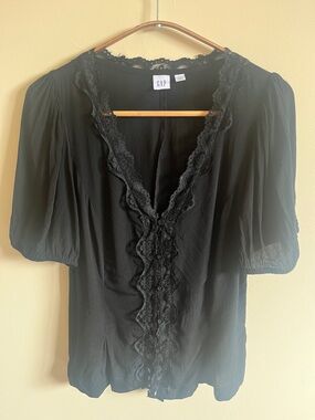 GAP Black Lace-Trim Button Front Blouse